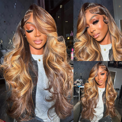 ZSF Highlights 4/27# Brown Honey Blonde Brazilian Body Wave Lace Wig Pre Plucked 1PC