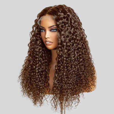 (BUY 1 GET 1 Free) ZSF Hair 4# Brown Brazilian Deep Wave Curly Wavy Lace Frontal Wig Natural Hairline Baby Hair