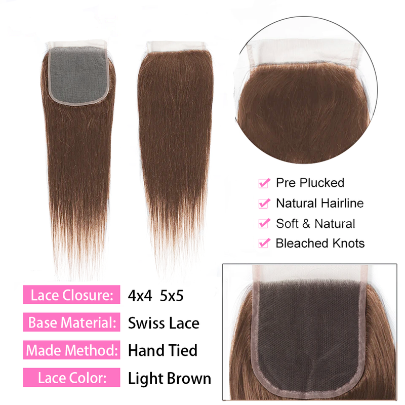 ZSF Chocolate Light Brown Straight Virgin Hair 3Bundles With Lace Closure Human Vigin Hair