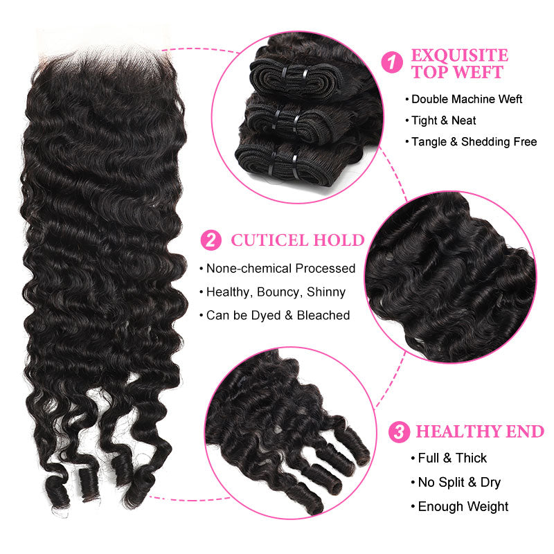 ZSF 10A Grade Burmese Curly 100% Virgin Human Hair 3Bundles With Lace Closure Natural Black