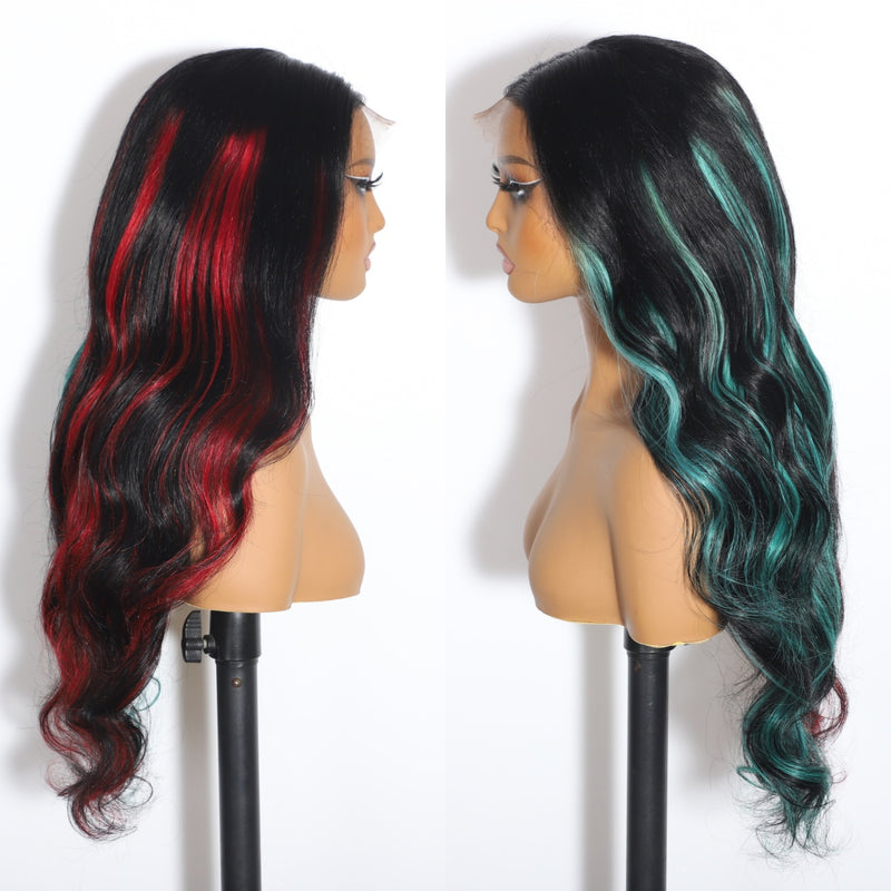 ZSF Trendy Color Black Mix Green Red Highlight Body Wave 100% Virgin Human Hair Middle Part Lace Wig