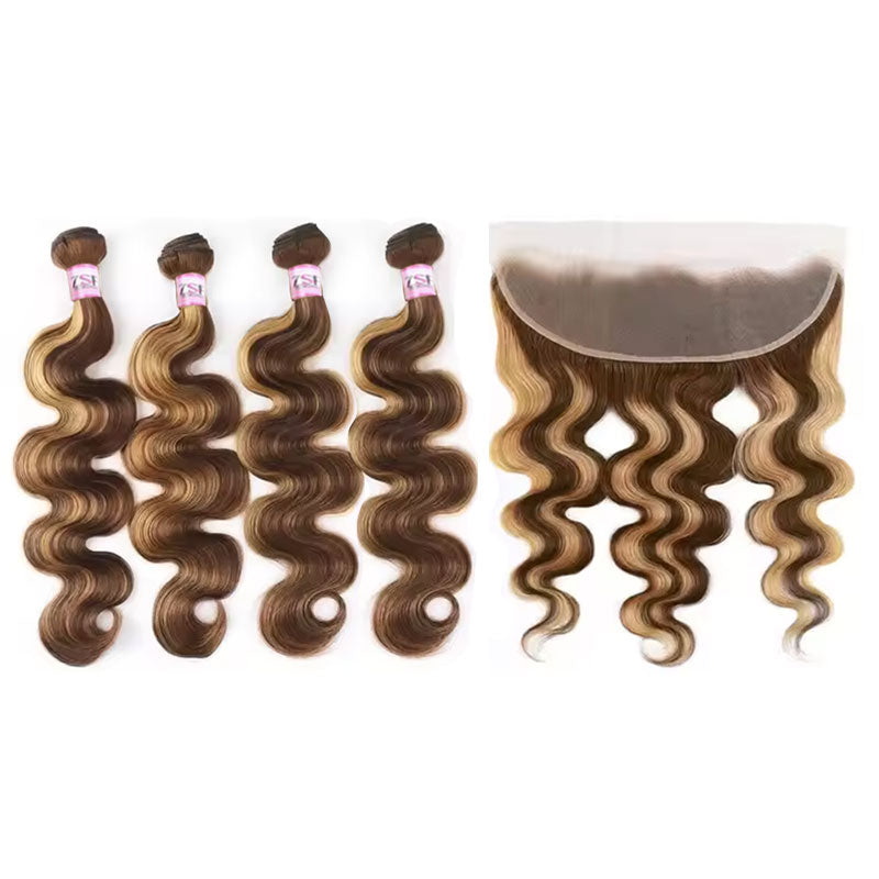 ZSF  P4/27 Brown Blonde Highlight Body Virgin Hair 4Bundles With 13*4 Lace Frontal