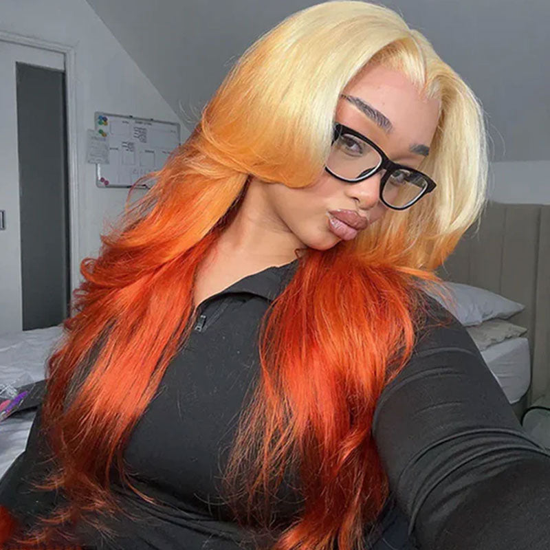 ZSF Orange Ombre Blonde Orange Lace Human Hair Wigs Pre-Plucked Middle Part 180% Density Natural Hairline