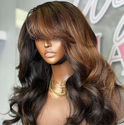 ZSF Rich Brown Color With Heavy Side Bang Wig Loose Wave Human Hair Lace Frontal Wigs