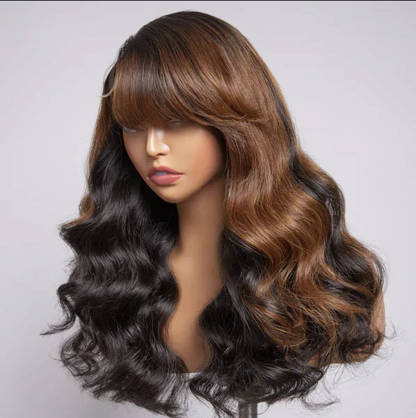 ZSF C-Part Rich Brown Color With Heavy Side Bang Wig Loose Wave Human Hair Lace Frontal Wigs