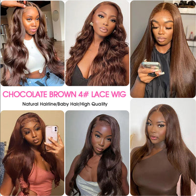 ZSF Chocolate 4# Medium Brown Straight Glueless HD Lace Wig Human Hair Pre-Pluck