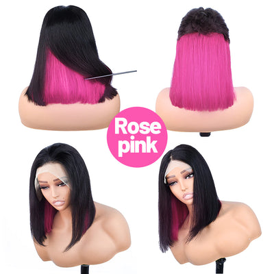 ZSF Hair Peekaboo Color Lace Bob Wig 150% Highlight Straight Virgin Hair Peekaboo Black Red Short Bob Wigs 1Piece