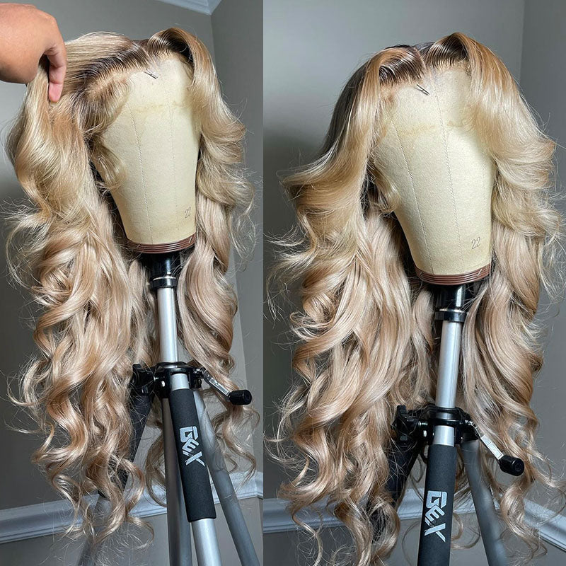 (Clearance Sale) ZSF New Arrival Ombre Ash Blonde Dark Root Body Wave Human Wavy Wig