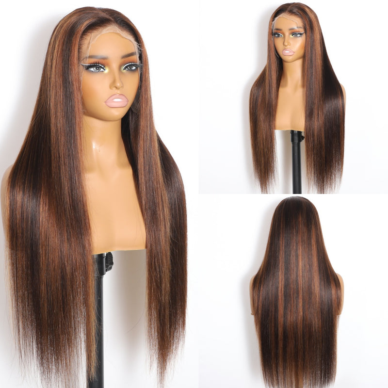 ZSF Ginger Brown Fashion Highlights Straight Lace Human Wig Virgin Hair Middle Part Pre-plucked Natural Hairline