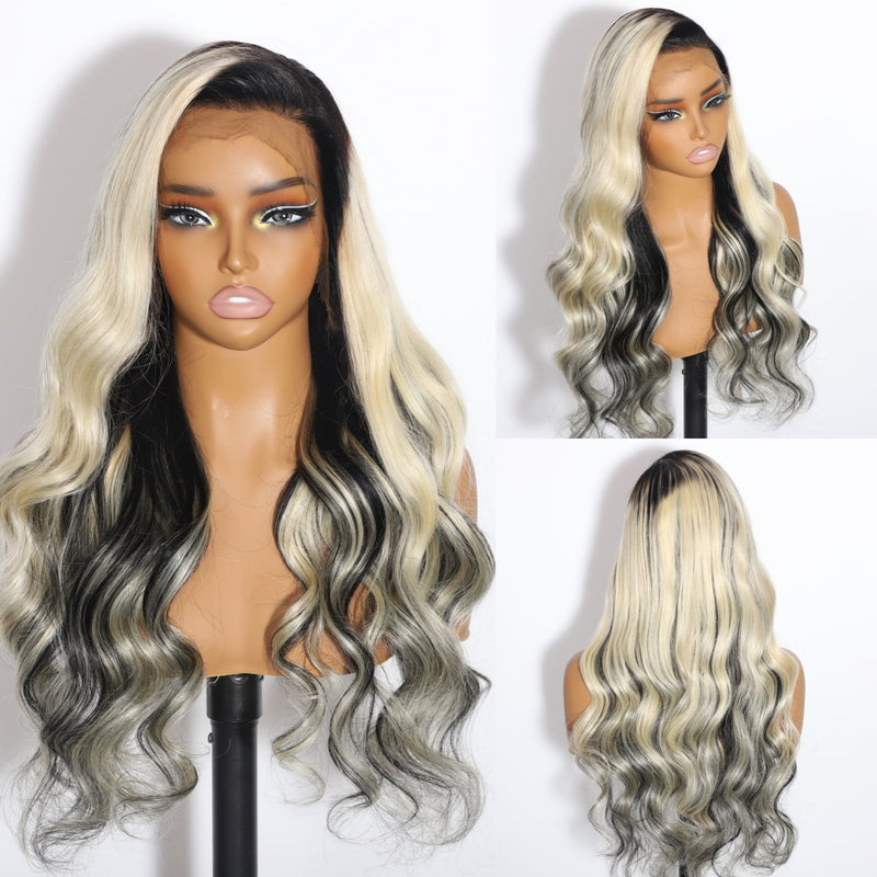 ZSF Trendy Color Ombre Blonde Mix Black Body Wave C Part Wig 613/1B 100% Virgin Human Hair