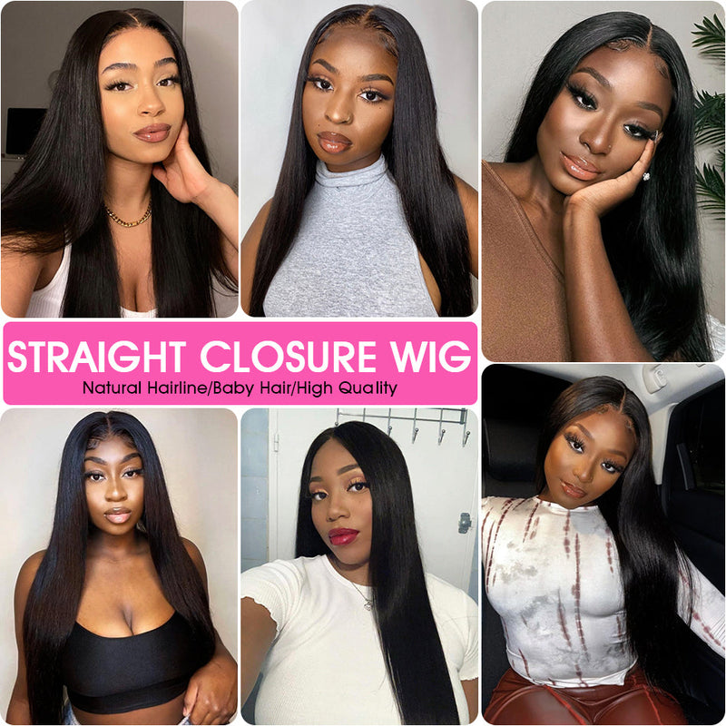 (Ready Ship)ZSF Silk Straight HD Lace Closure Wig Natural Hairline Pre-Pluck Babyhair Natural Black
