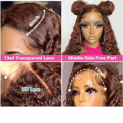 (BUY 1 GET 1 Free) ZSF Hair 4# Brown Brazilian Deep Wave Curly Wavy Lace Frontal Wig Natural Hairline Baby Hair