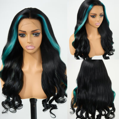 ZSF Customized Color Blue Skunk Stripe Black Body Wave HD Lace Frontal Brazilian Human Hair Wig