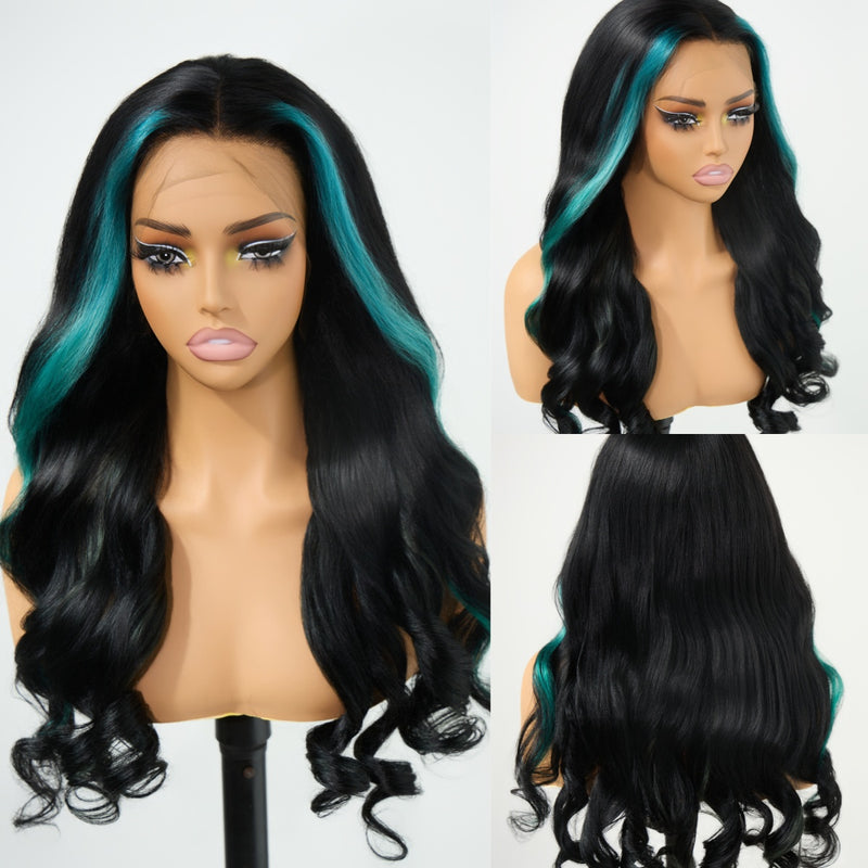ZSF Customized Color Blue Skunk Stripe Black Body Wave HD Lace Frontal Brazilian Human Hair Wig