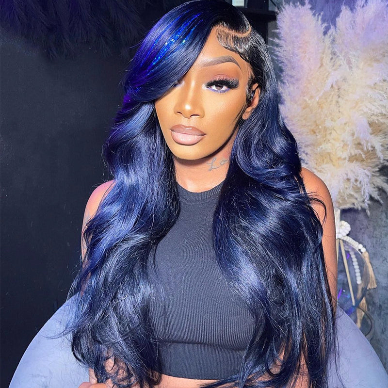 ZSF Body Wave 1b/blue Highlight Transparent Lace Frontal Hair Charming Wig