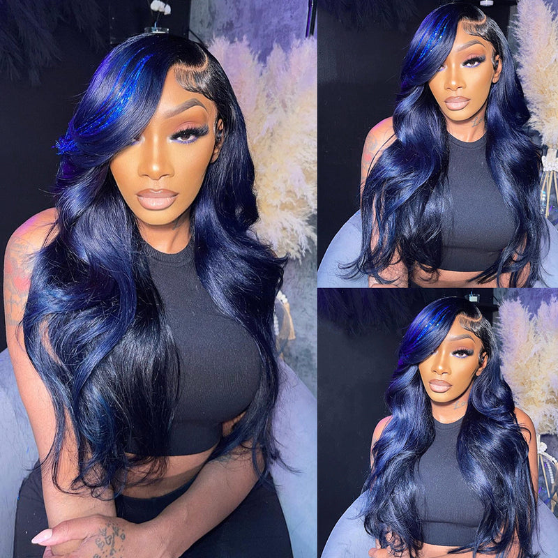 ZSF Body Wave 1b/blue Highlight Transparent Lace Frontal Hair Charming Wig