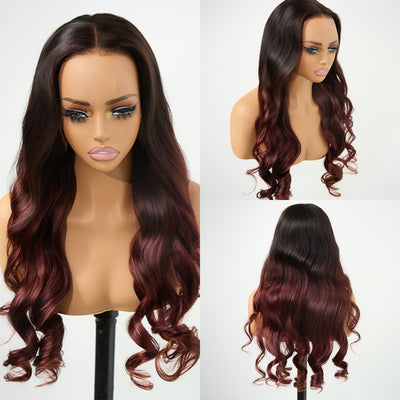 ZSF Black With Cherry Red Colored Body Wave Wig Colored 100% Human Hair Natural Hairline