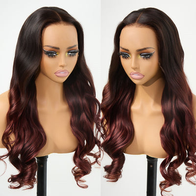 ZSF Black With Cherry Red Colored Body Wave Wig Colored 100% Human Hair Natural Hairline