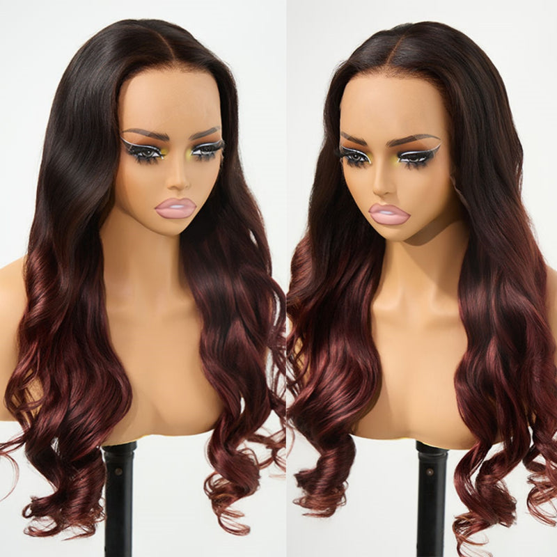 ZSF Black With Cherry Red Colored Body Wave Wig Colored 100% Human Hair Natural Hairline