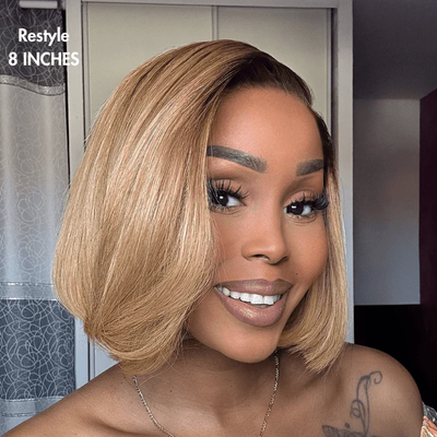 ZSF Dark Root Ash Blonde Straight Virgin Hair Bob Lace Wig Invisible Knots Hair