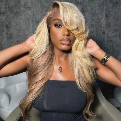 ZSF Champagne and Brown Ombre Colored Body Wave Glueless HD Lace Wig Miniknots Natural Hairline