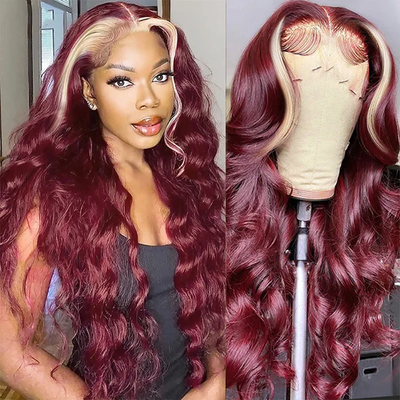 ZSF Burgundy With Blonde Skunk Stripe Highlight Body Wave Lace Frontal Colored Hair Pre-Plucked Natural Hairline