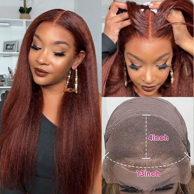 ZSF Auburn Brown #33 Yaki Straight Copper Transparent Lace Wig Pre-Plucked 100% Human Hair