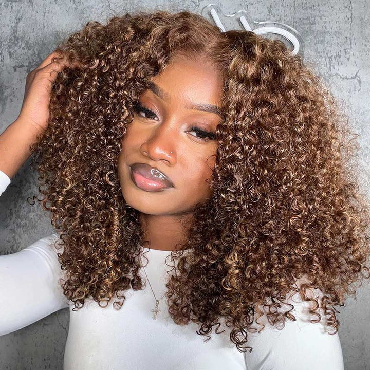 ZSF 7*5 Glueless Brown Highlight Wear Go Pre-cut HD Lace Kinky Curly Hair Wigs