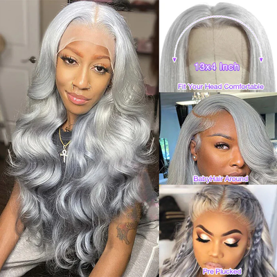 (BUY 1 GET 1 Free)ZSF Best Light Icy Silver Grey Body Wave Lace Frontal Colored Hair Lace Wig For Woman