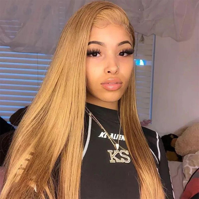 (Clearance Sale) ZSF Honey Blonde 27# Straight Colored Hair Transparent Lace Human Hair Wig