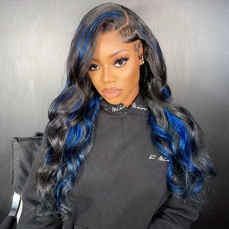Deals | ZSF Body Wave Black With Blue Highlight 13*4 Transparent Lace Frontal Wig Human Virgin Hair 1Piece Natural Black