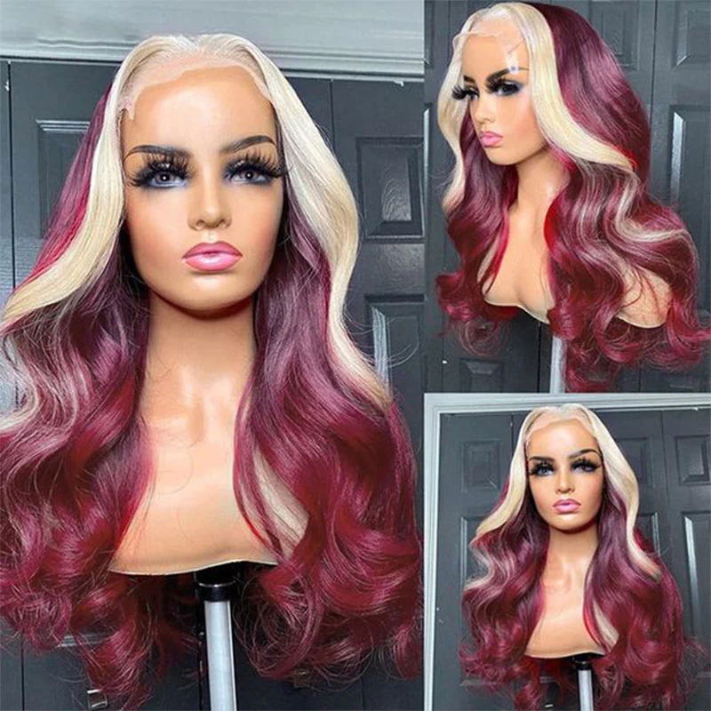 ZSF Burgundy With Blonde Skunk Stripe Highlight Body Wave Lace Frontal Colored Hair