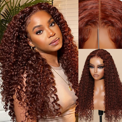 ZSF Jerry Curly Reddish Brown Human Hair Wig HD Lace Wig Pre-Plucked Wear Go Glueless