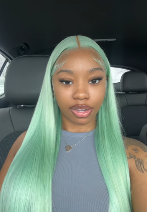 【Dollfacecourtney With ZSF Hair】 Hair Mint Green Straight Transparent Lace Frontal Wig 100% Human Hair 1Piece