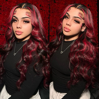 ZSF Burgundy Black Highlights Mix Color Transparent Lace Wig Body Wave Colored Human Hair Wig