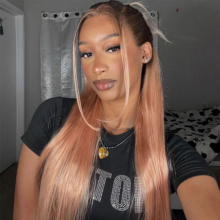 (Ready to Ship) ZSF New Arrival Ombre Golden Pink Dark Root Body Wave Human Wavy Wig