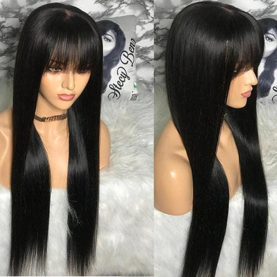ZSF Hair Silk Straight Human Hair Wigs with Bangs None Lace Glueless Machine Made Wigs Natural Color