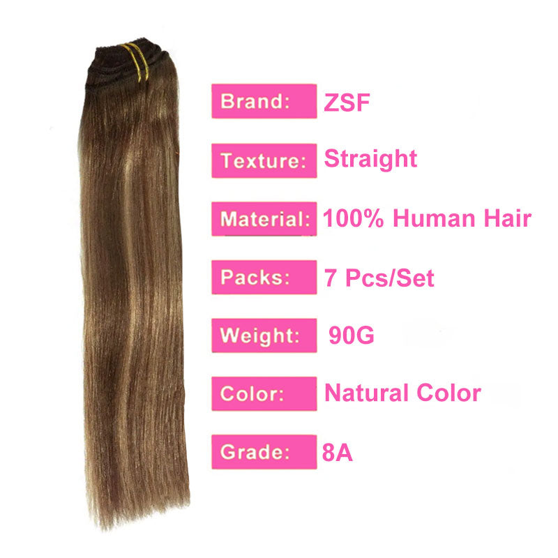 ZSF Hair Clip In Straight Human Hair Extensions Hair Adhesive Extensions Skin Weft P4/27 100% Real Human Hair for Women