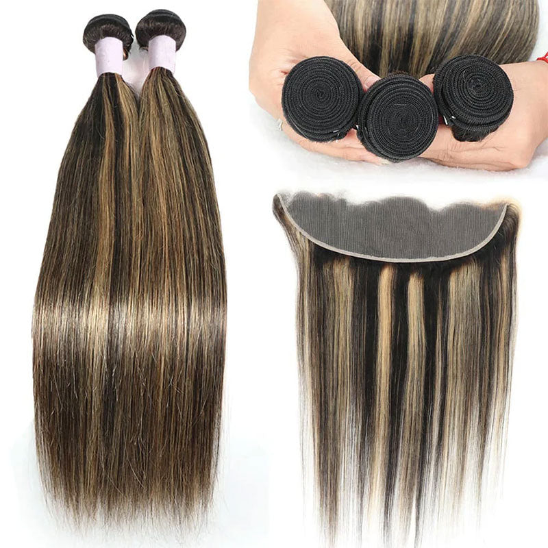 ZSF P1B/27 Ombre Blonde Straight Human Hair 3Bundles With Lace Frontal Brazilian Remy Hair