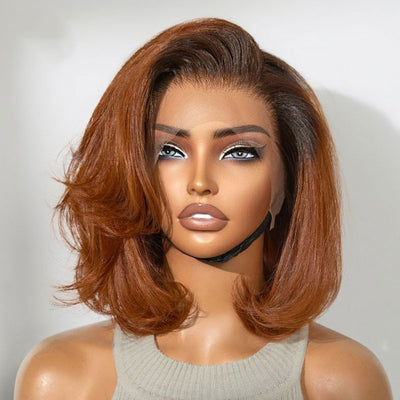 ZSF Ginger Ombre Brown Silky C Part Blunt Cut Glueless Smooth Straight Short Bob Wig Brazilian Lace Virgin Hair 1Piece