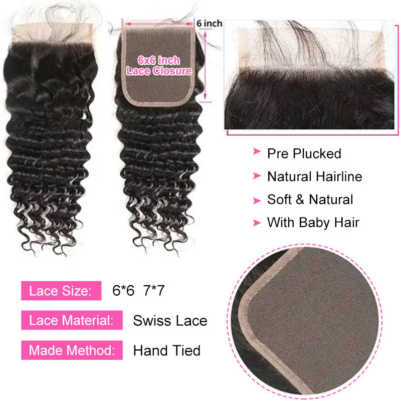 ZSF 6*6/7*7 Lace Closure With Deep Curly Bundles Grade 8A Virgin Hair Unprocessed Natural Black Hair Weaving