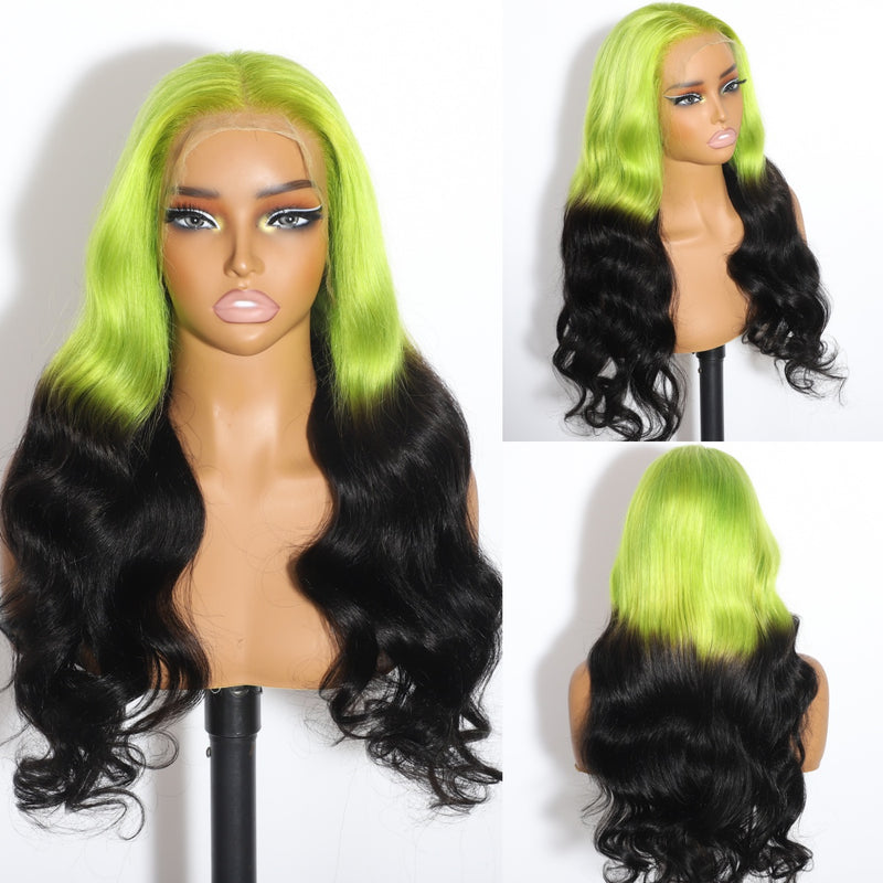 ZSF Halloween Limited|Ombre Green Black Body Wave 100% Human Hair Wavy Wig Middle Part Natural Hairline