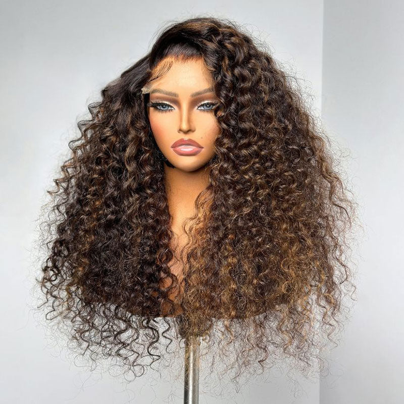 ZSF 7*5 Glueless P1B/30 Black Mix Brown Highlight Wear Go Pre-cut HD Lace Curly Hair Wigs Pre-plucked Natural Hairline