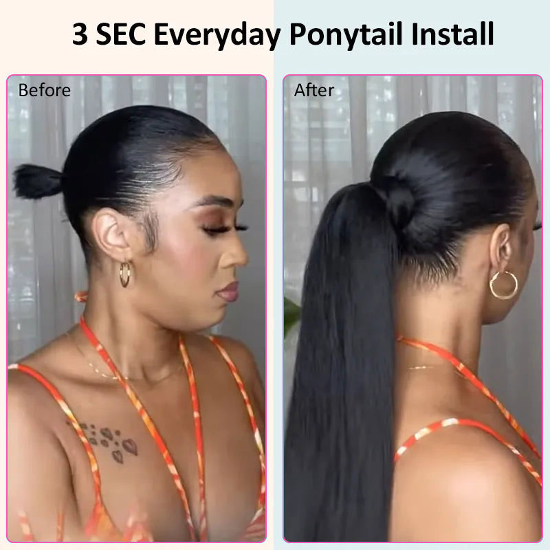 ZSF Kinky Straight Ponytail Human Hair With Clip In Extensions Natural Black One Piece