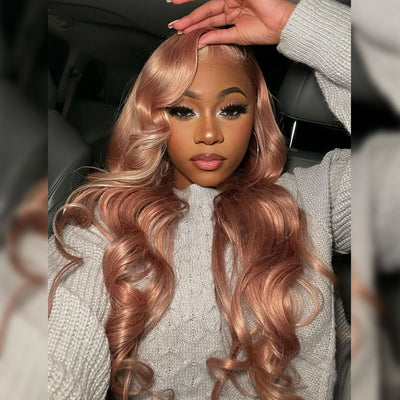 ZSF Hair Milk Tea Pink With Blonde Highlights Body Wave HD Lace Closure Human Hair Colored Wig