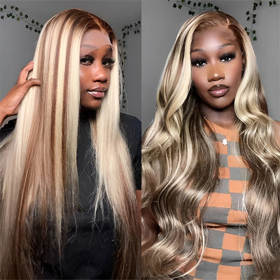 ZSF Hair 4/613 Brown/Blonde Straight Lace Wig 100% Human Hair Pre-plucked 1Piece
