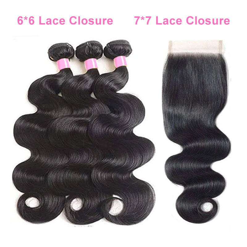 ZSF Grade 8A Body Wave Bundles With Lace Closure Natural Black Hair Extensions