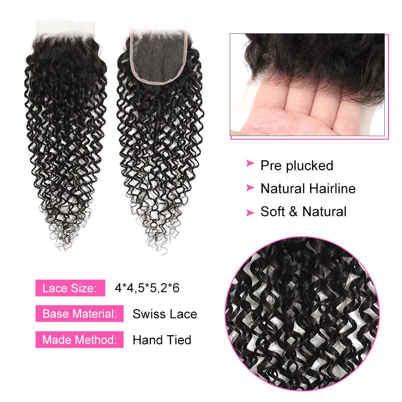 ZSF Pixie Curly 4Bundles With Lace Closure 100% Human Hair  8A Grade Natural Black