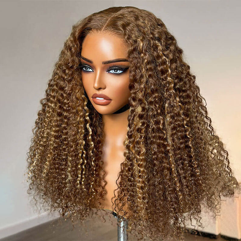 ZSF 7*5 Glueless Brown Highlight Wear Go Pre-cut HD Lace Kinky Curly Hair Wigs