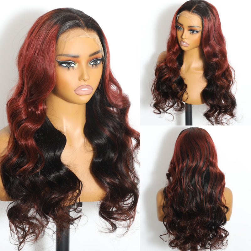 ZSF Maple Red Brown Mixed Black Highlight Body Wave Transparent Lace Wig Virgin Human Hair